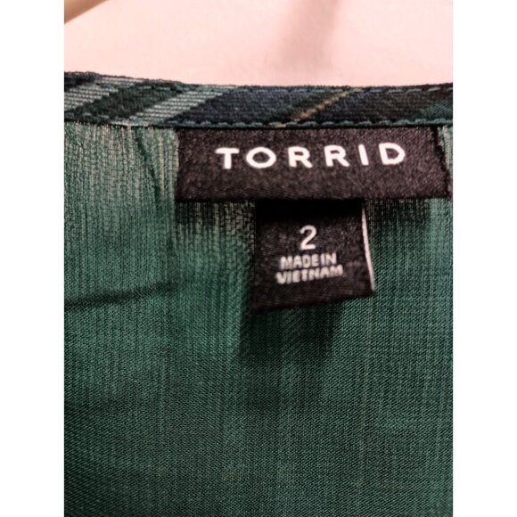 Torrid BOHO Top Size 2X Green Plaid Chiffon Ruffle Long Sleeve Peplum Crop - Picture 3 of 11